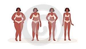 Weight loss concept. Process of transformation from black-skinned woman with fat obese body and belly to slim and thin