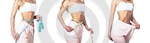 Weight loss concept. Slim girl with centimeter. Closeup woman measuring her waist with tape. Slim woman& x27;s body