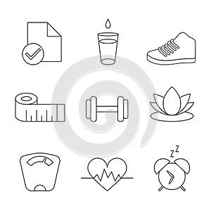 Weight Loss, Diet, Fitness Organizer Tracking Isolated Symbols, Vector Line Icon set