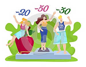 Weight loss, fat people after diet, vector illustration. Slim man woman character at piedestal, fitness lifestyle for