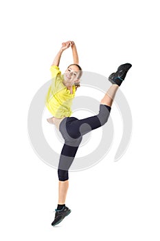 Weight loss fitness woman jumping of joy.