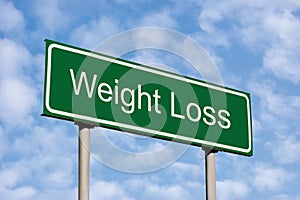 Weight Loss Green Road Sign, Bright Summer Cloudscape Sky, Roadside Signage Metaphor