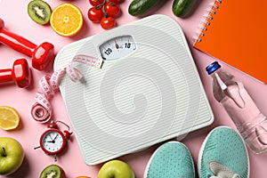 Weight loss or healthy lifestyle accessories on background