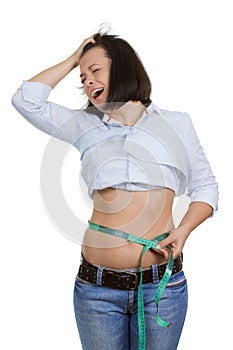 Weight Loss and Healthy Lifestyle Concept. Fitness Woman in Shock Measuring Her Waistline with Measure Tape