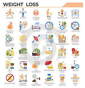 Weight loss and ketogenic diet icon set