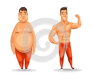 Weight loss. Man before and after diet poses. Cartoon funny characters on white background. Man weight loss and muscular