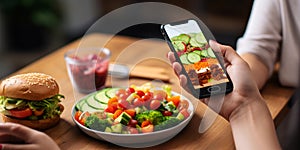 Weight Loss Plan Woman Checks Calorie App While Eating Salad