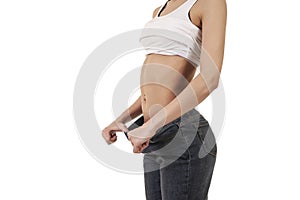 Weight Loss Woman isolated on a white photo