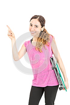 Weight loss woman pointing to copy space