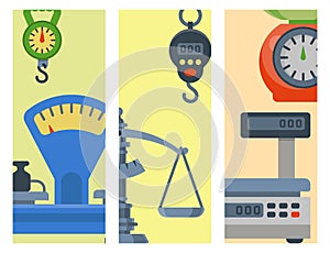 Weight measurement instrumentation brochure balance tools equipment vector illustration