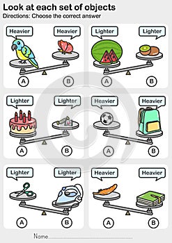 Weight measurement worksheet - Look at each set of objects. - Choose the correct answer.