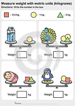 Weight measurement worksheet - Measure weight with metric units kilograms. - Write the number in the box. photo