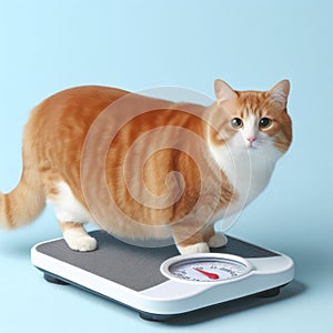 Weight monitoring concept. Overweight cat standing on weight scales. ai generative