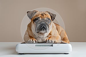 Weight monitoring concept. Overweight pug lying on weight scales