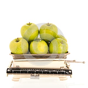 Weight scale fresh apples isolated over white background