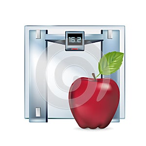 Weight scale with red apple isolated