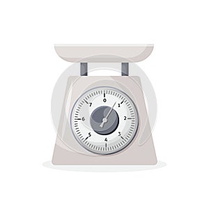 Weight scale on white background. Weighing scales with pan and dial. Qualitative vector illustration for weight
