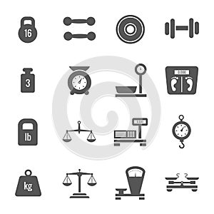 Weight scales, balance, heavy luggage, kilogram vector icons