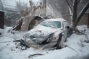 The weight of snow from storms brings tree limbs down on parked cars. Ai generated