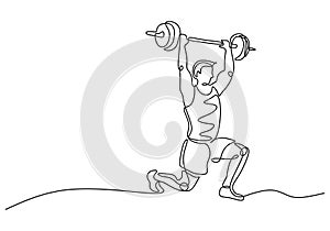 Weight training drawing fitness. People sport continuous line art. Bodybuilding activity