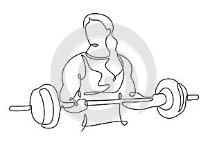 Weight training drawing of woman muscle vector. Female holding barbell continuous one line drawing