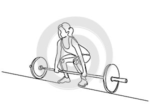 Weight training drawing of woman muscle vector. Female holding barbell continuous one line drawing