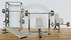 Weight training equipment in white empty room on parquet floor - 3D Rendering