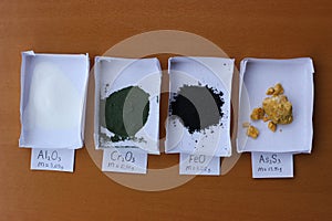 Weighted amounts of different minerals: white alumina, green chromium oxide, black iron oxide, yellow arsenic sulfide, with mass v