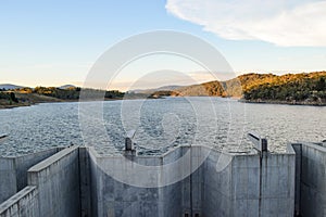 Weighted flood gates on Jindabyne Dam, confining the Snowy River