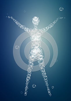 Weightless feeling, human soul concept, light feeling inside, man silhouette build with bubbles