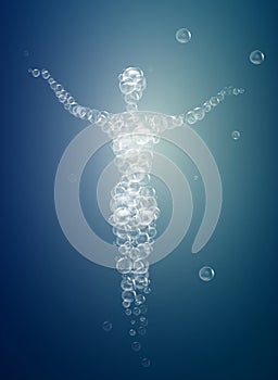 Weightless feeling, human soul concept, light feeling inside, woman silhouette build with bubbles, mermaid from the foam