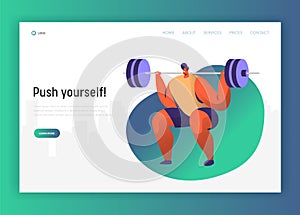 Weightlift BodyBuilding Character Design for Landing Page. Athlete Man Lifting Barbell in Gym. Workout Training