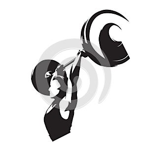 Weightlifter woman, strong girl lifting big barbell. Isolated vector silhouette. Weightlifting fitness logo photo