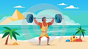 A weightlifter working out on a picturesque beach the crystal clear water and white sand providing a calming and serene