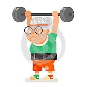 Weightlifting fitness healthy activities granny adult old age woman character cartoon flat design vector illustration