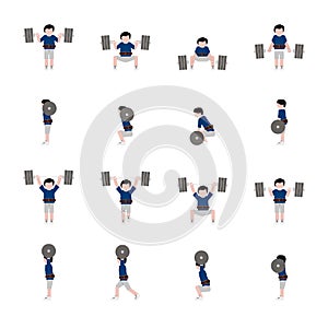 Weightlifting man flat icon set in color. Vector.