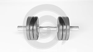 Weights, adjustable dumbbell, sports equipment on white background, front view