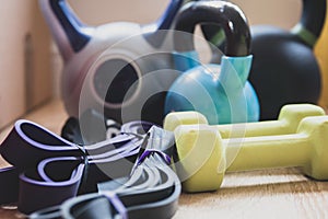 Weights and exercise equipment at home.