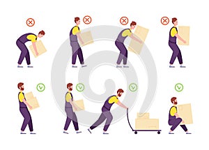 Weights handling. Safety ergonomic posture of back for carry or push heavy goods, manual correctly incorrect work