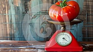 The Weighty Beauty: A Big, Homegrown Tomato on a Vintage Red Kitchen Scale