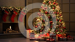 Weihnachtsbaum, Kamin und Geschenke photo