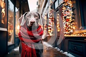 A Weimaraner dog wearing a red Christmas scarf against the backdrop of a city street, next to a Christmas store window