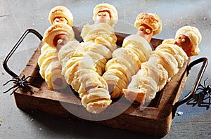 Weiner Mummies Wrapped in Pastry on Tray