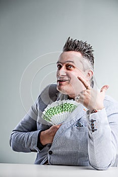 Weird and bribing businessman laughing