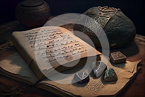 Weird divination by rune cards and stones with ancient manuscript on wooden table. Esoteric, gothic and occult