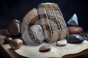 Weird divination by rune cards and stones with ancient manuscript on wooden table. Esoteric, gothic and occult background,