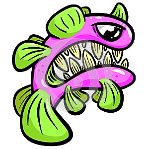 Weird Fish Deep Sea Creature with Big Teeth Cartoon Character in Vector Illustration