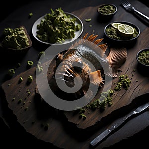 Weird fish on dinning table, generative ai