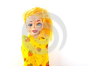 Weird Freaky Toy Doll Parts on White Background. Dirty face. Abandoned toys.