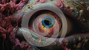 Weird Horror: A Detailed Closeup Of A Pink Eyeball In Dino Valls Style